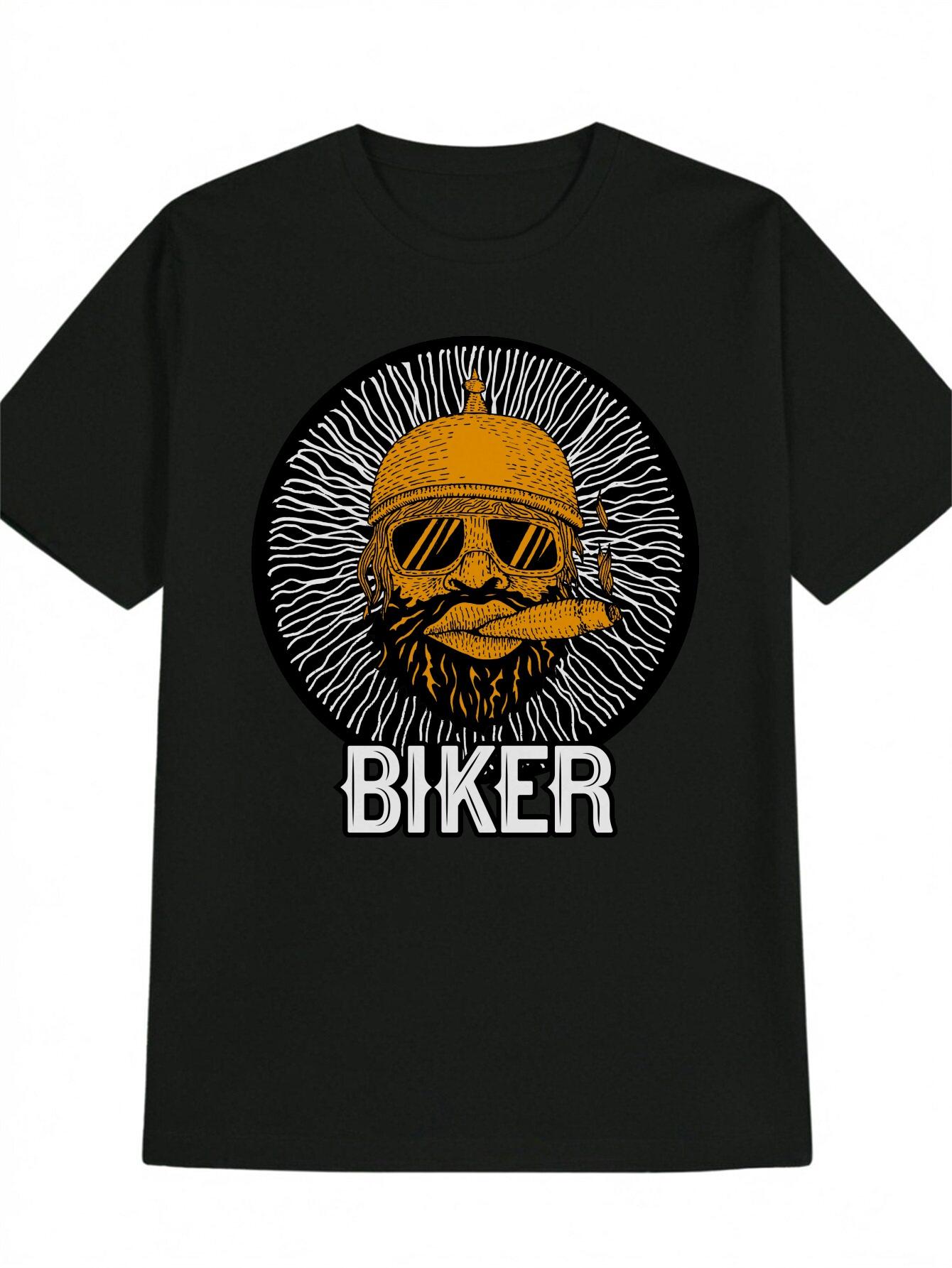 

Casual Graphic Print T-shirt - Black Biker Design with Fashion Glasses & Helmet Art L