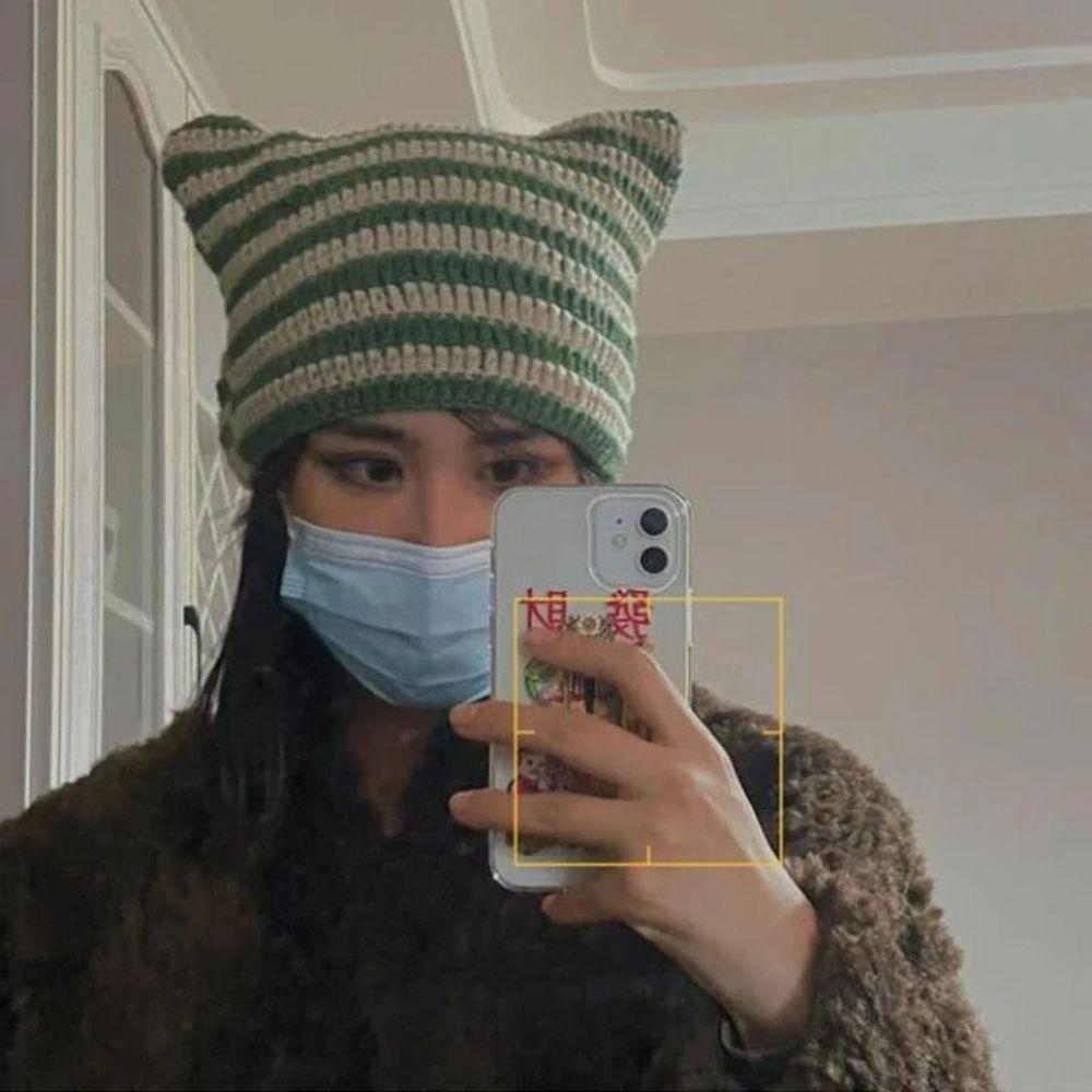 

Cute Knitted Winter Stripe Autumn Cat Ear Skullies Caps Women Wool Caps Korean Beanies Knitted Hats