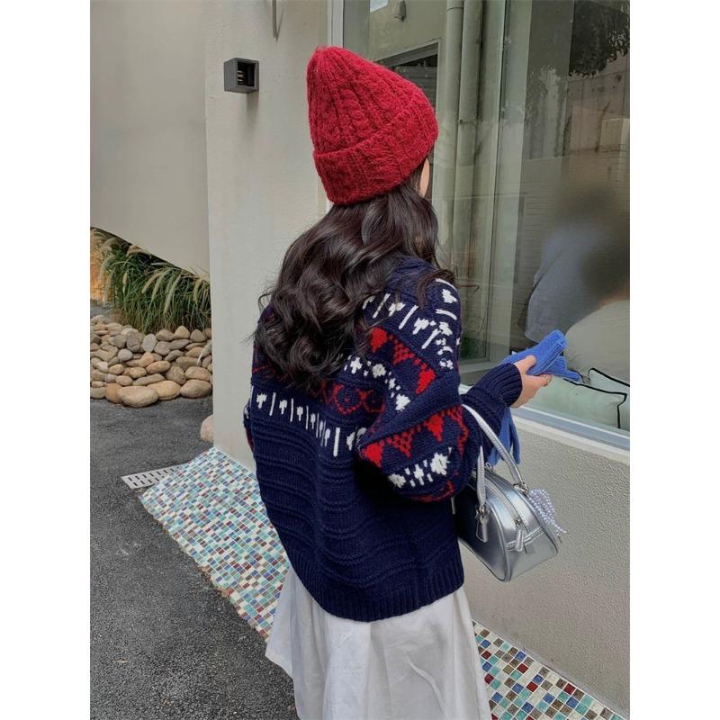 Elegant Printed Loose Knitted Women Sweater Autumn Winter Outer Wear Loose Thickened Sweaters Long Sleeve Casual Office Tops Simple Lapel Clothing