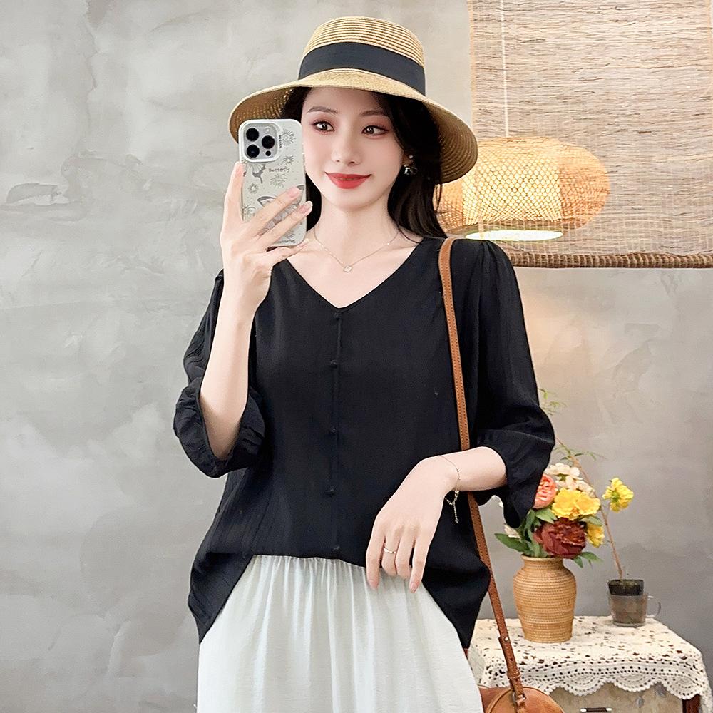 Women's Summer Fashion V-neck Shirt, Mid-sleeved Blouse, Cardigan, Fashion Casual T-shirt