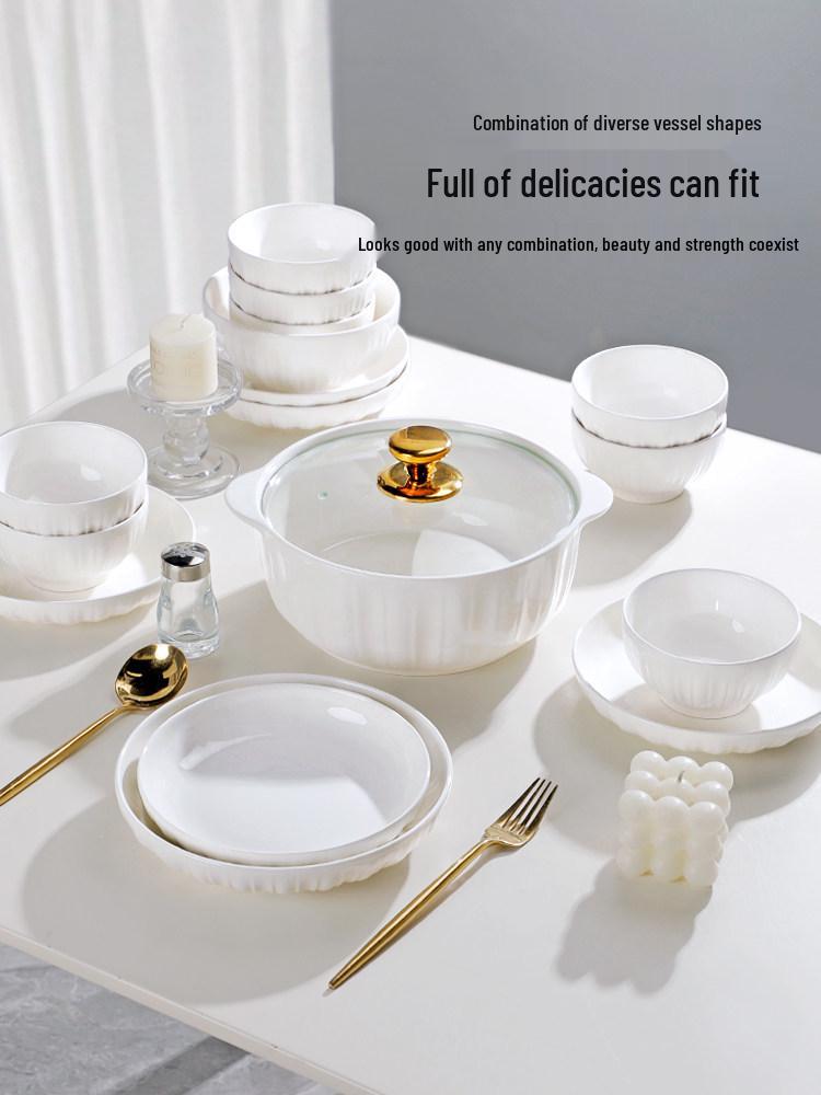 Pure White Ceramic Tableware Set: Dinner Bowls, Rice Bowls, Plates, Dishes, and Double-Ear Soup Bowls for Home Use.
