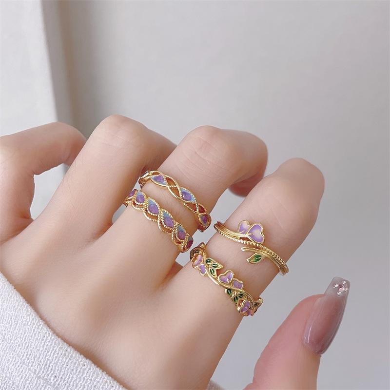 Enamel Flower Ancient Method Dripping Oil Gradual Change Opening Ring Women Exquisite Sweet Medieval Retro Light Luxury High Sense Ring