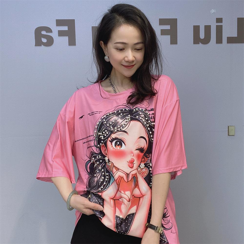 

Летние футболки с коротким рукавом женские летние с круглым вырезом с мультяшным принтом девочки с бриллиантовой отделкой повседневная футболка оверсайз женская одежда one size розовый