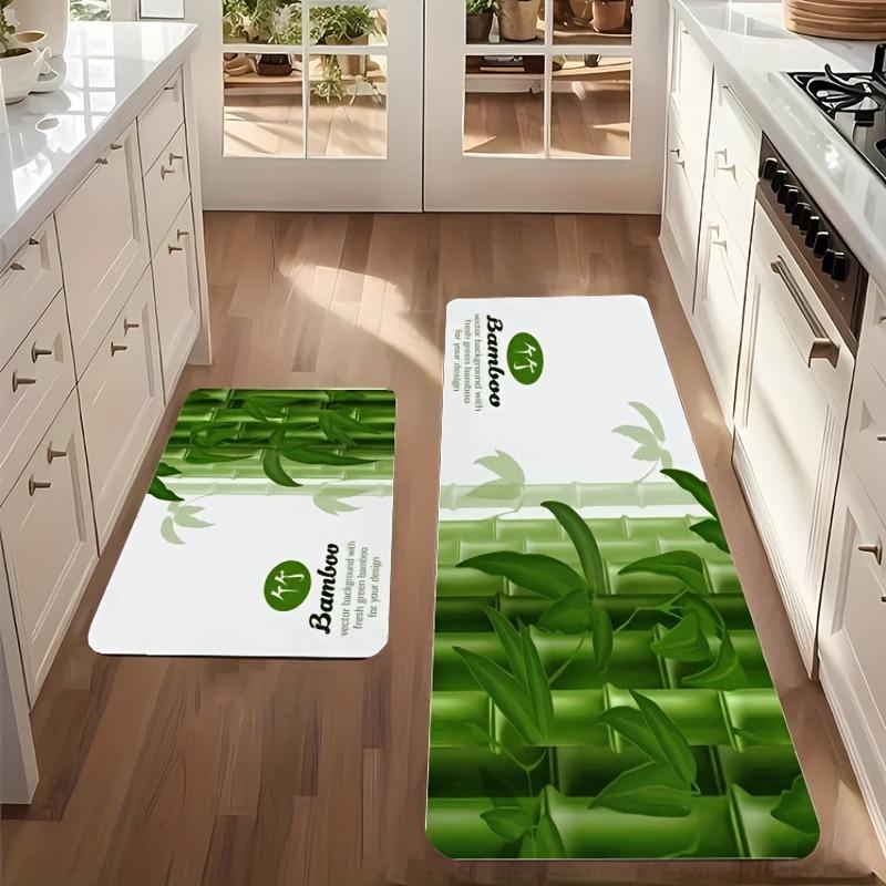 1PC Bamboo & Leaf Motif Kitchen Rug Non-Slip Door Mat Pop Design Bathroom Rug Bath Mat Carpet for Home Sink Laundry Decor