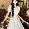 Plus size French style Fresh Dress Women Summer Gentle Embroidery Long dress Chubby Girl Belly Covering Slimming A- line Skirt.
