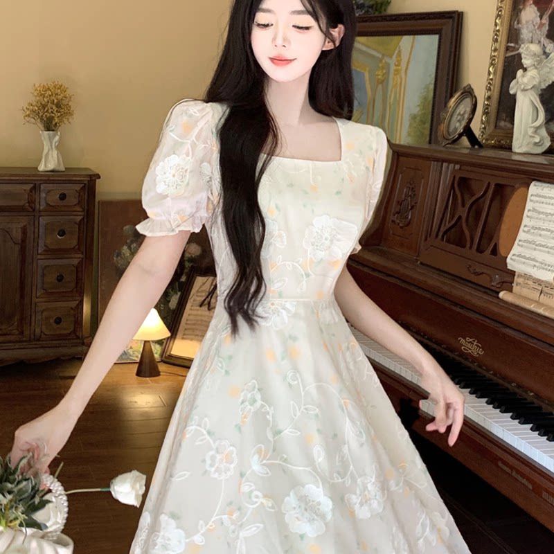 Plus size French style Fresh Dress Women Summer Gentle Embroidery Long dress Chubby Girl Belly Covering Slimming A- line Skirt.