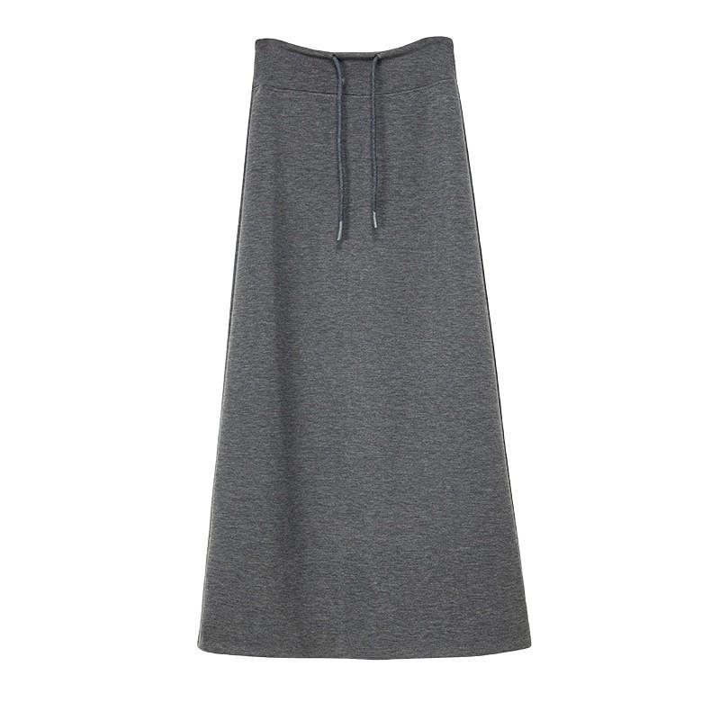 Women's Gray High Waist A-line Midi Skirt - Autumn Sporty Style with Straight Slit and Draping
