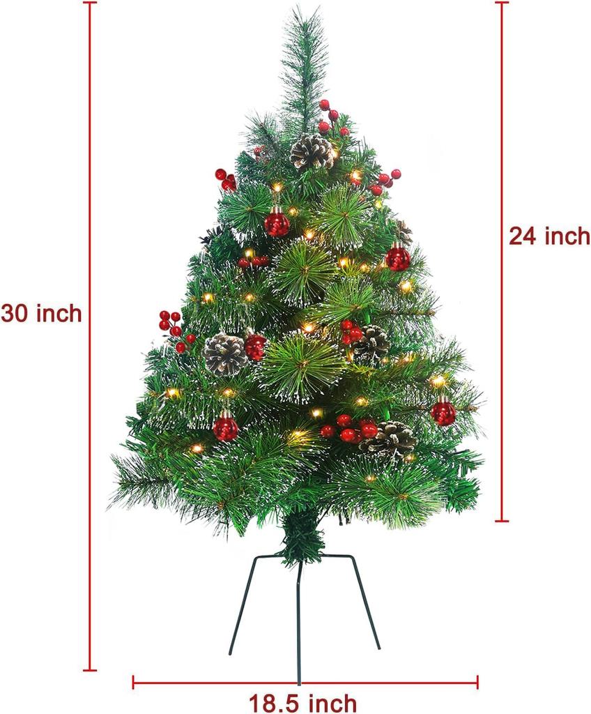 2 Pack 30' Pre-Lit Artificial Christmas Trees with Lights, Battery Operated, for Porch, Yard, Driveway, Red Ornaments