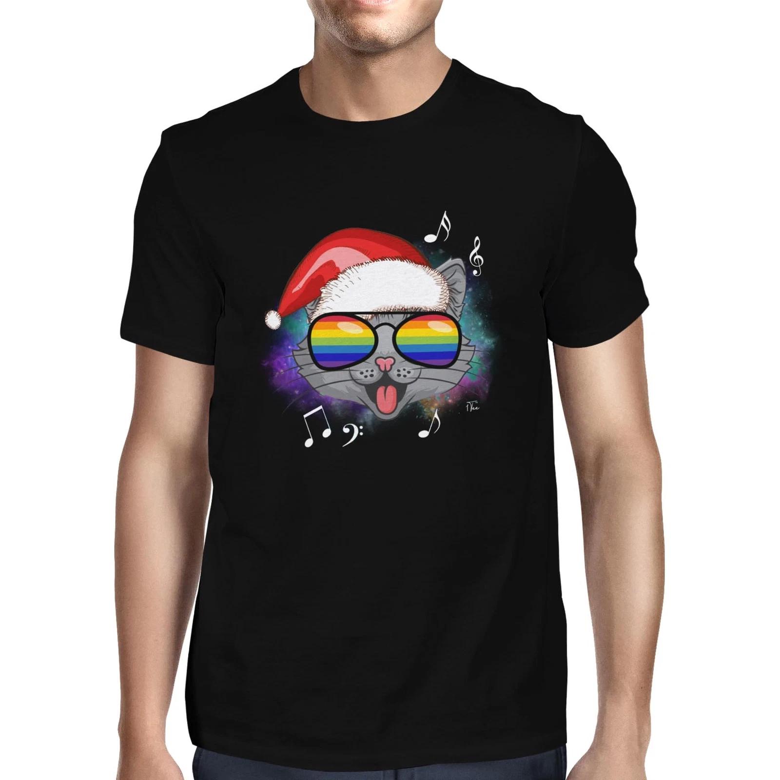 1Tee Mens Happy Santa Cat Music T-Shirt L