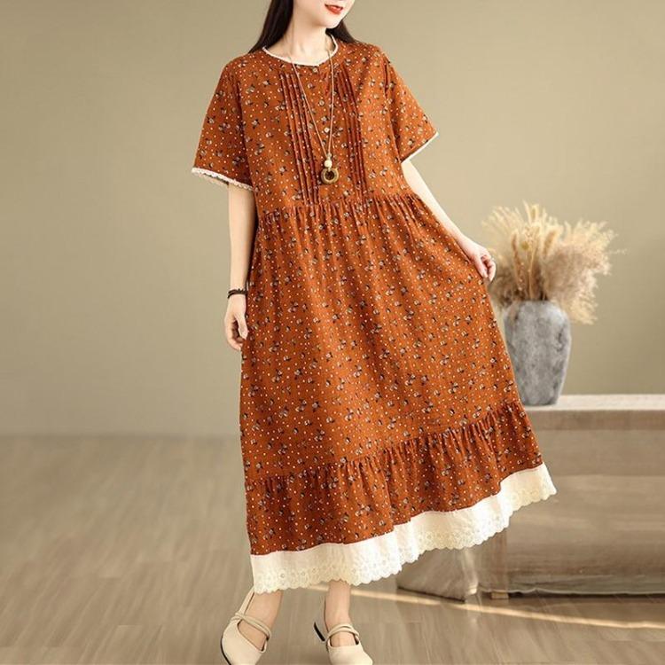 Plus Size Women Casual Loose Long Vintage Floral Summer Dress Short Sleeve Cotton Linen New In Dresses