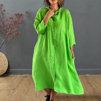 Vestido Camisa Feminino de Verão Solto Gola Alta 45720 Botões nas Mangas Carcela Cor Sólida