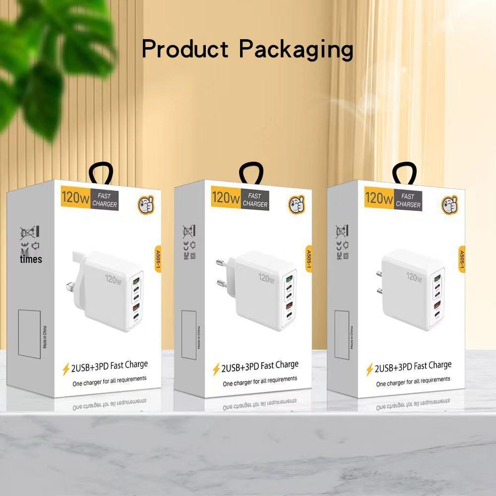 120W Fast Charger with 3PD+2USB Ports for Apple Devices, Compatible with EU/US/UK Standards