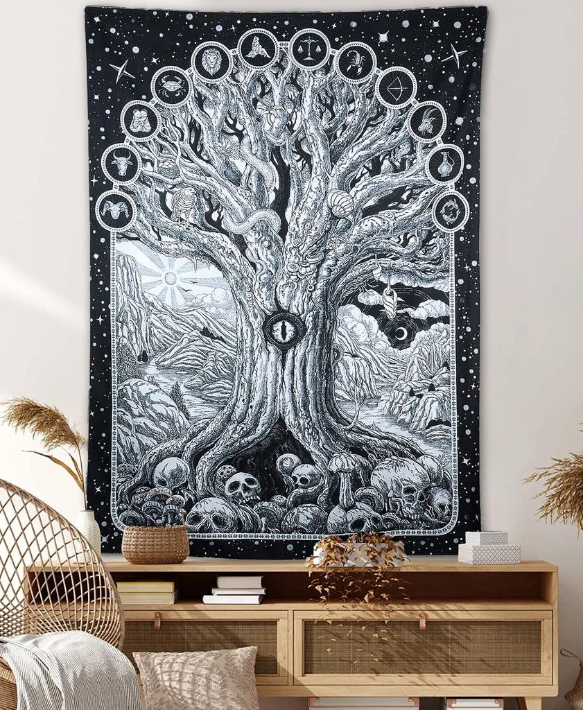Boho Skull Tapestry Butterfly Floral Mushroom Moth Wall Decor Aesthetic Wall Hanging for Bedroom Goth Outdoor Docor Linen