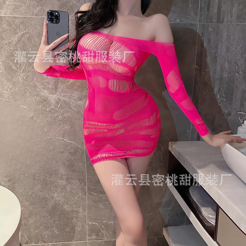 Sex underwear transparent multi-color hollow hip mesh dress sexy long sleeve one-word shoulder perspective nightdress free