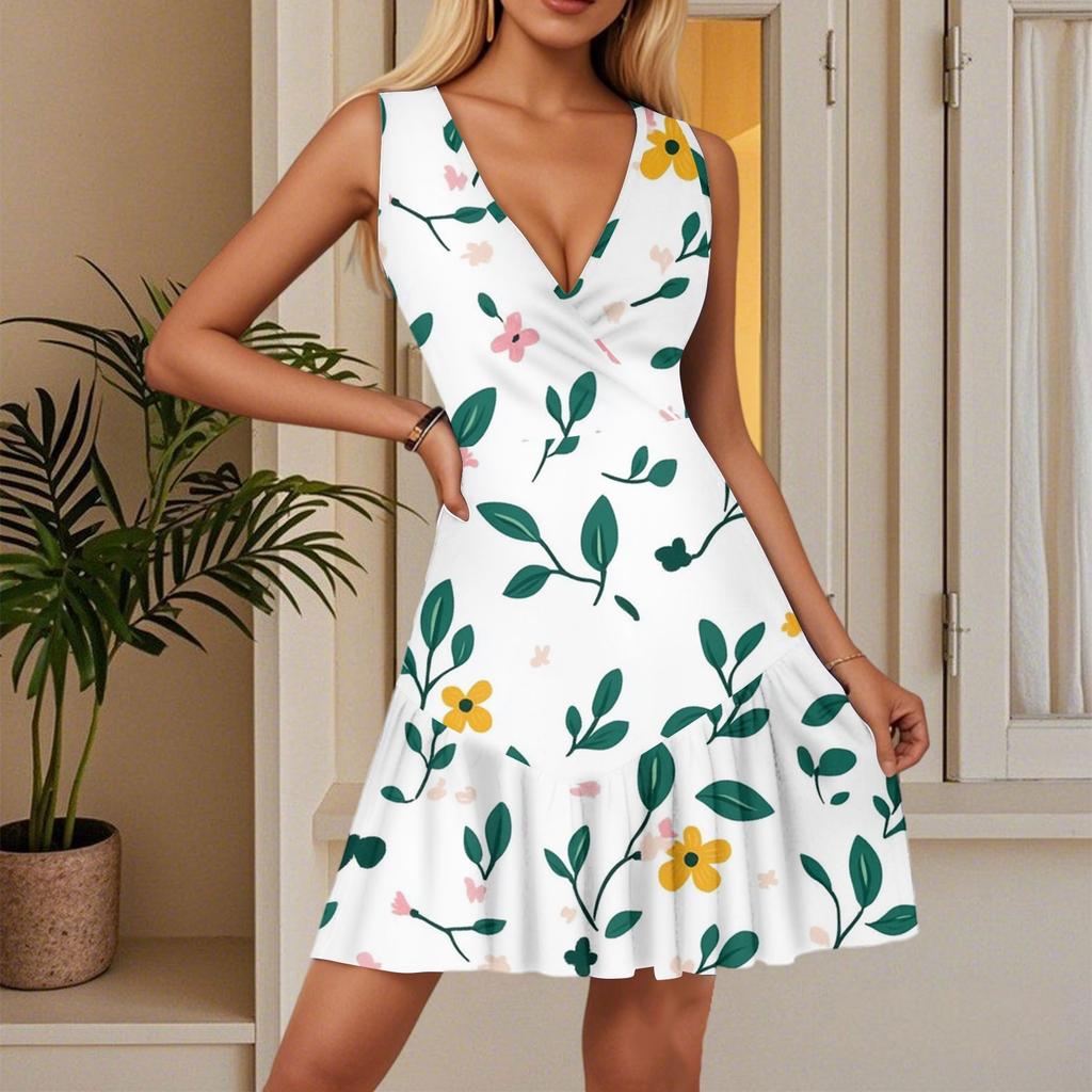 Women's Summer Dress V Neck Sleeveless Casual Floral Print Hem Pleated Dress