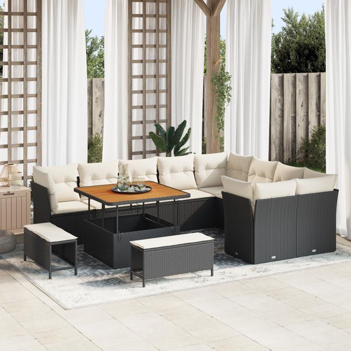 Ensemble de Canapé de Jardin de 12 Pièces avec Coussins en Rattan Poly Noir Acacia, Ensemble de Salle à Manger de Jardin 3361515