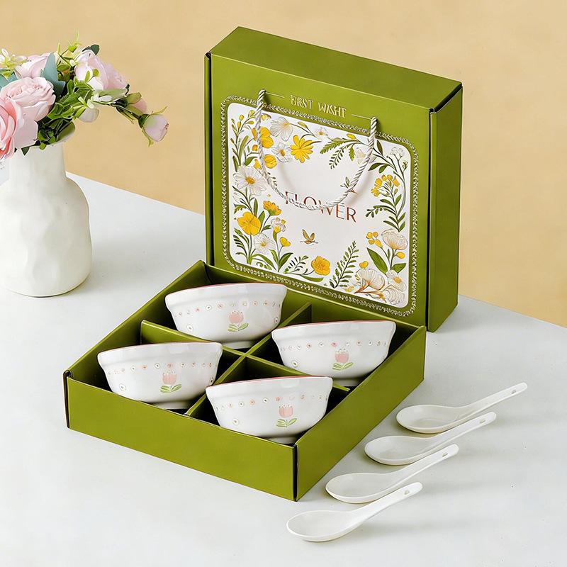 Tulip Ceramic Tableware Set: Includes Bowl, Plate, and Spoon for Housewarming or Wedding Gift.