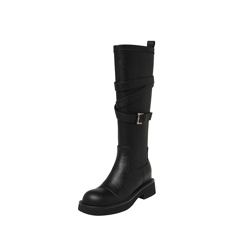 Leather thick heel boots women's 2025 autumn and winter new thick-soled knight boots small belt buckle inner height increase Martin boots