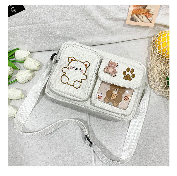 Japanese Soft Girl Canvas Crossbody Bag with Embroidered Bear - Vintage Style Student Bag