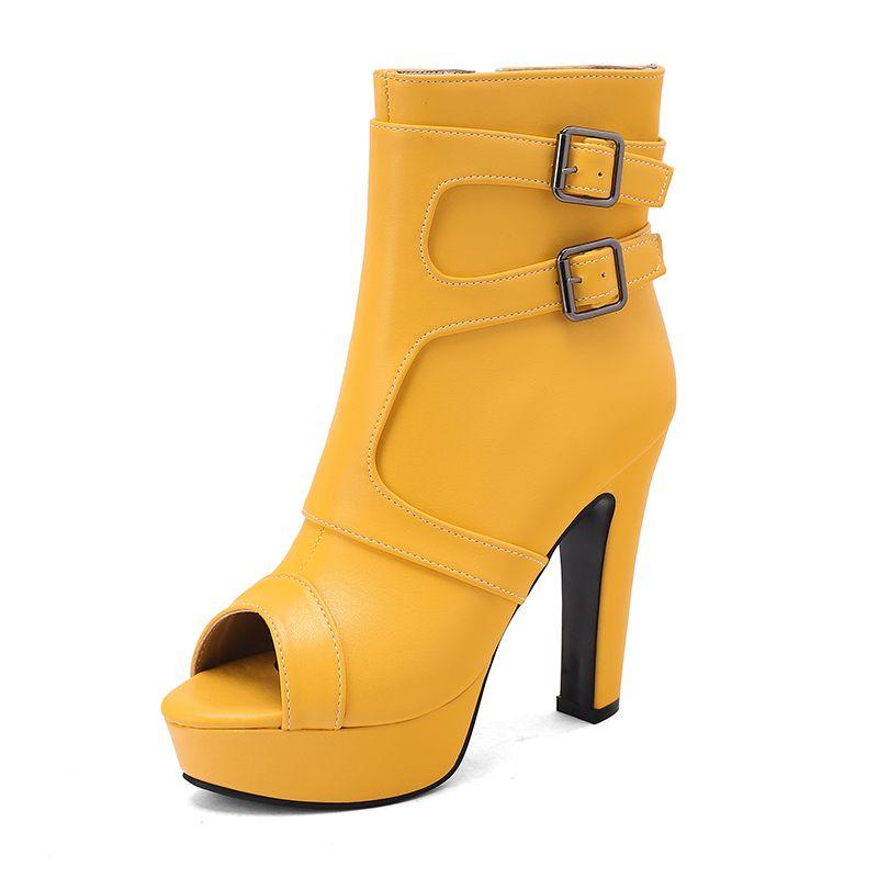 Yellow Sexy Dating Sandals for Women Peep Toe 12cm Block Heel 3.5cm Platform Zipper Belt Buckles Plus Size 48 49 50