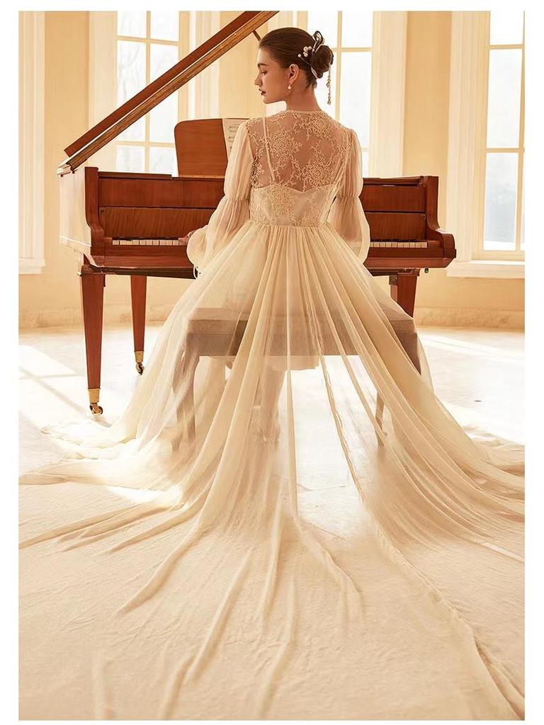 Robe d'été chic beige en mousseline 2025: Style de robe de chambre du matin, parfait pour les vacances ou les photos de mariage (F912)