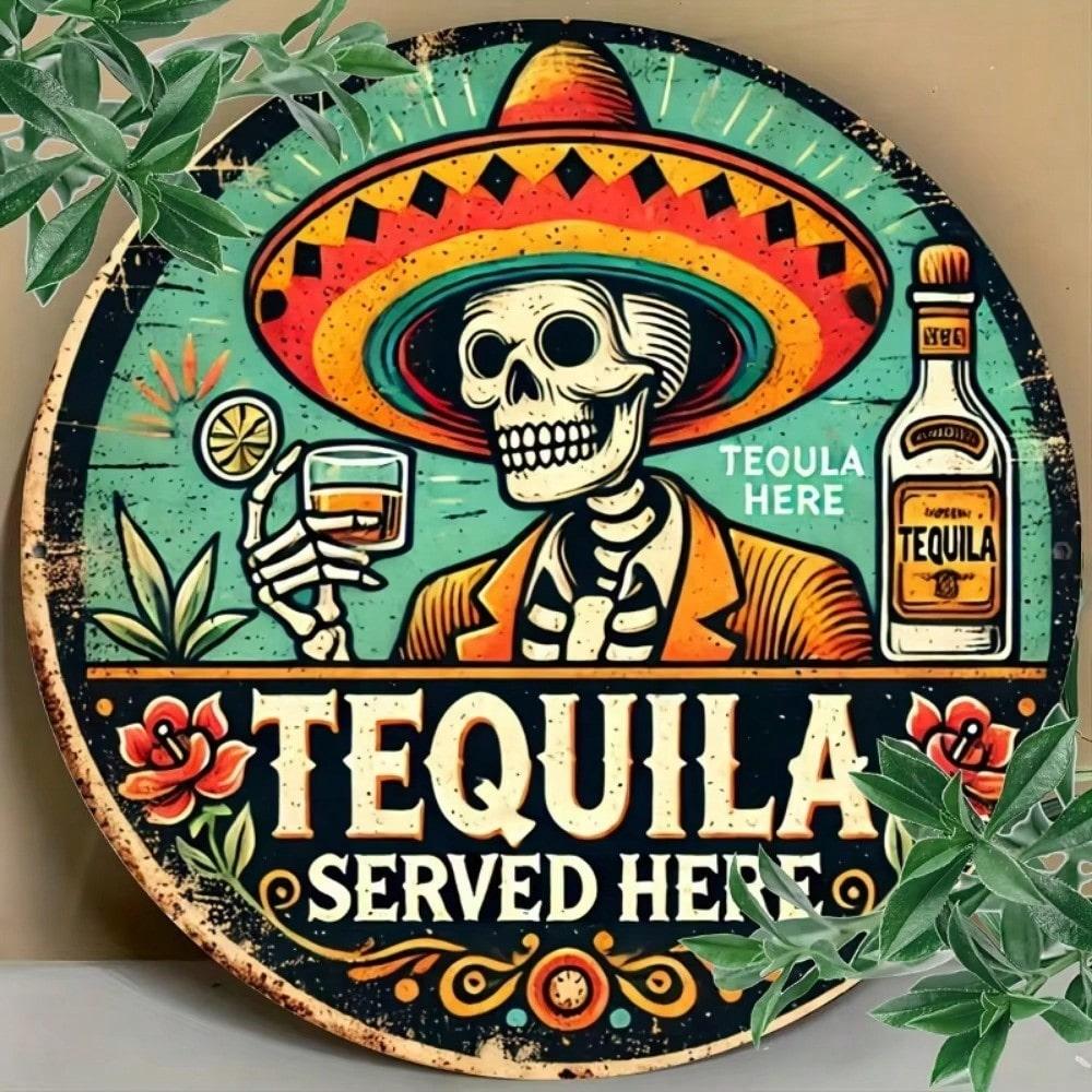 Mfoever Tin Sign Vintage Tequila Served Here Metal Tin Sign Retro Mexican Sugar Skull Sombrero Round Wall Art Decor Classic Bar Pub Tequila Bot