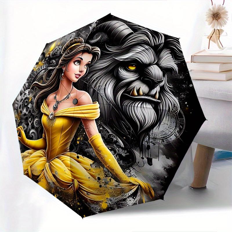 Disney Belle, Beast Automatic Open/Close Umbrella - Cute Umbrella with Cute Design, Portable 3-Fold Compact Umbrella for Men & Women, Valent