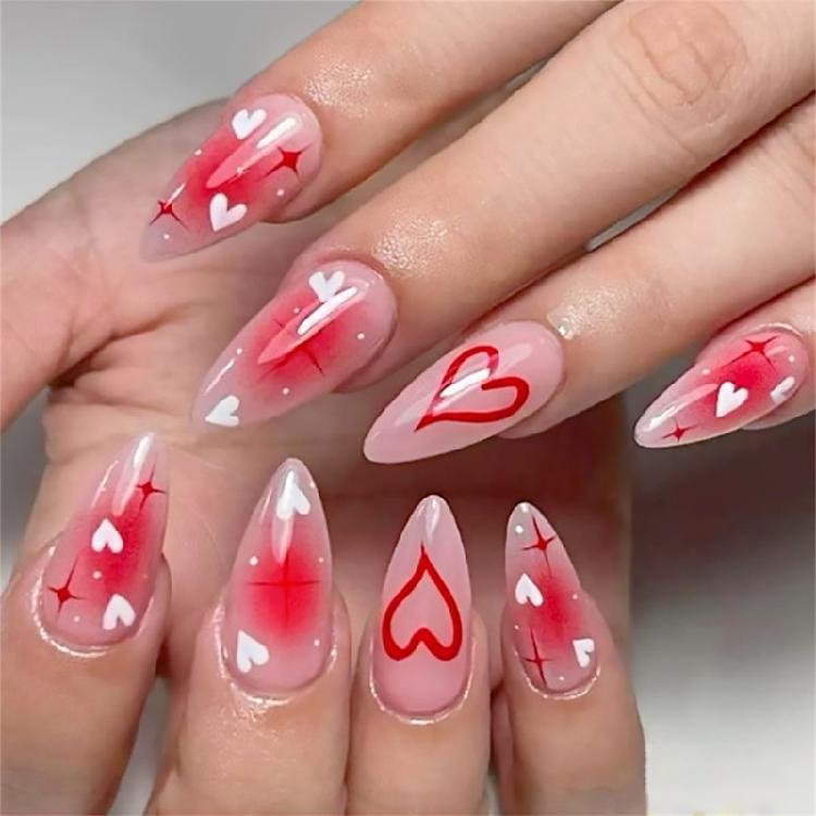 

24 шт. Накладные ногти на День святого Валентина, глянцевые, форма капли воды, средняя длина, с градиентом румянца, сердечками, звездными стразами 1