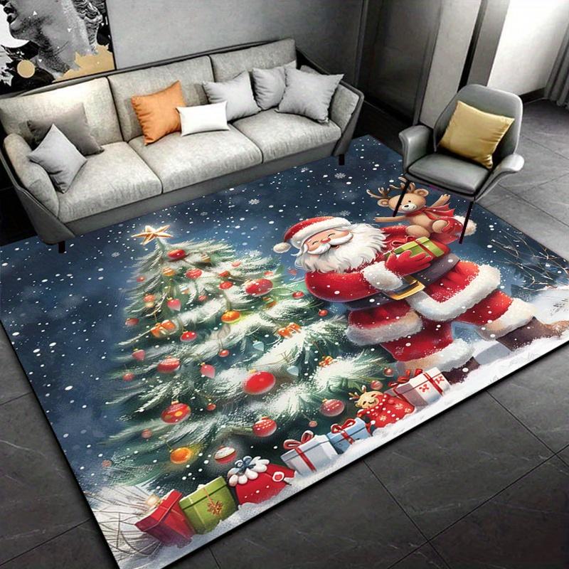 Christmas Santa Claus Rug with Reindeer and Tree Design - Festive Holiday Living Room Carpet, Seasonal Decoration