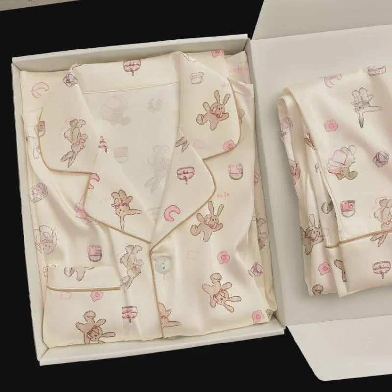 Pyjamas set med kanintryck för vår och höst: Reversblus & Långärmade Byxor