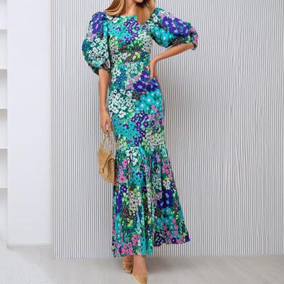 New Women's Fashion and Temperament Printed Slim Round Neck Pleated Waist Dress
