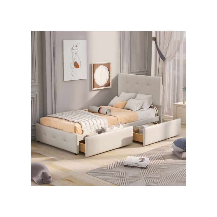 Lit Rembourré 90 X 200 Cm Lit Avec Sommier À Lattes, Dossier Et Deux Tiroirs, Tissu Velours Doux Pour La Peau (sans Matelas)