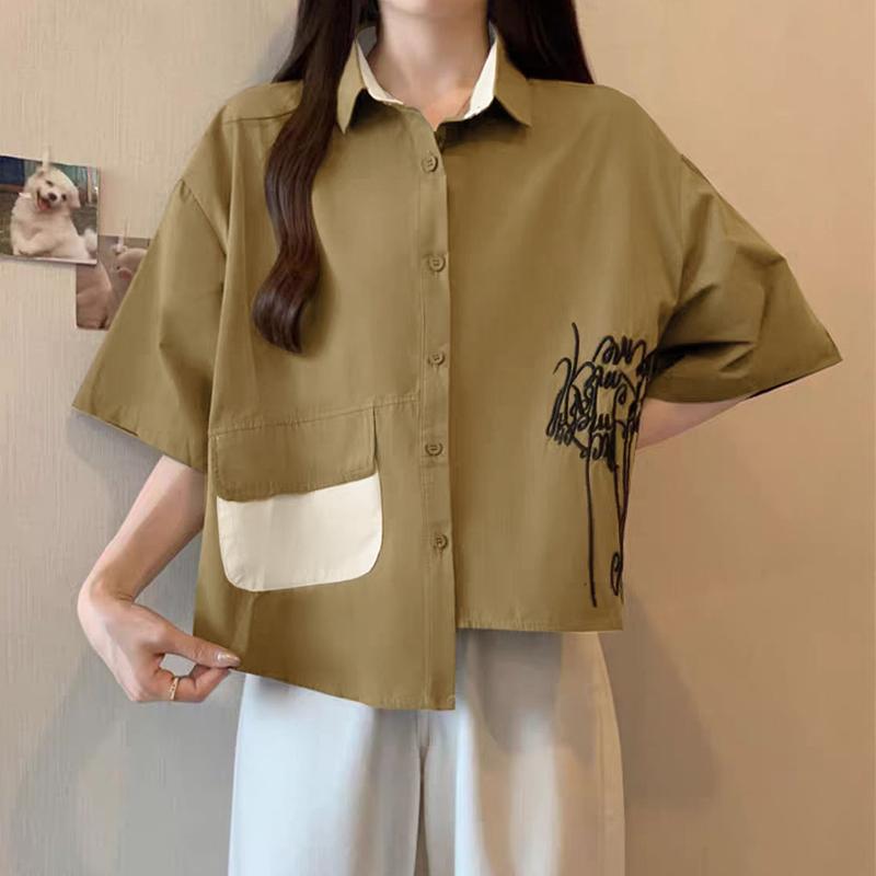 

ZANZEA Женская повседневная блузка с отложным воротником и коротким рукавом и неровным подолом 3XL хаки