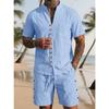 New Men’s Plain-coloured Vintage-style Casual Linen Short-sleeved Shirt and Shorts Set