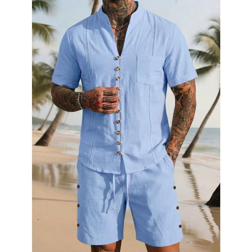 New Men’s Plain-coloured Vintage-style Casual Linen Short-sleeved Shirt and Shorts Set