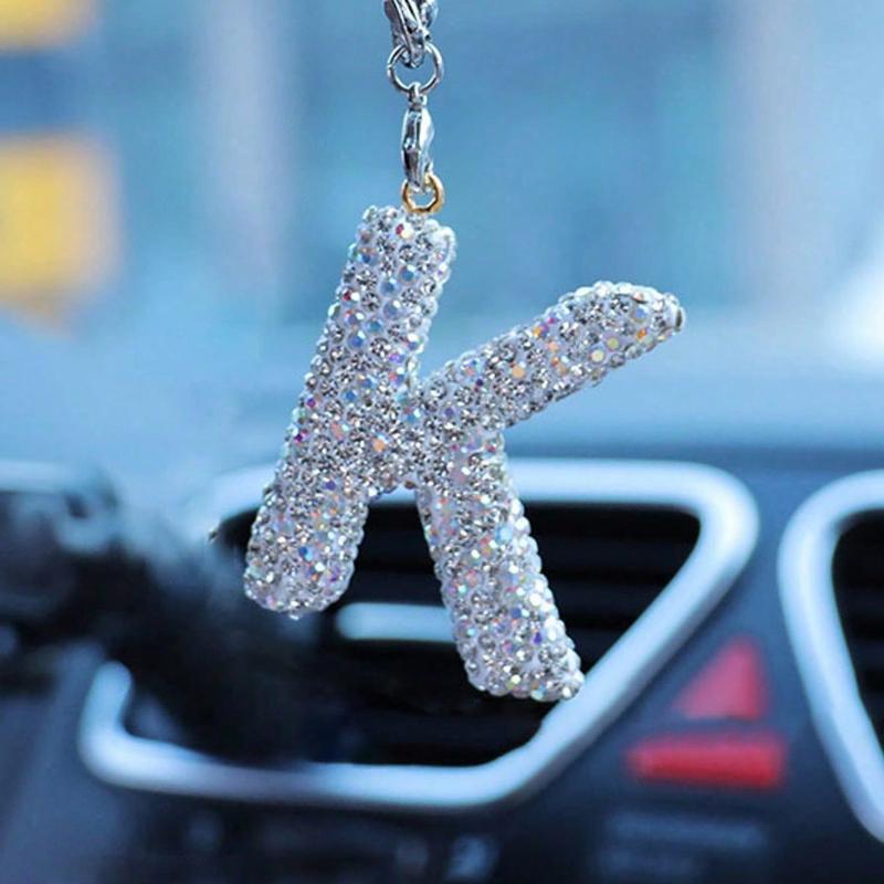 1pc Rhinestone A-Z Letter Car Rearview Mirror Pendant, Car Interior Decor