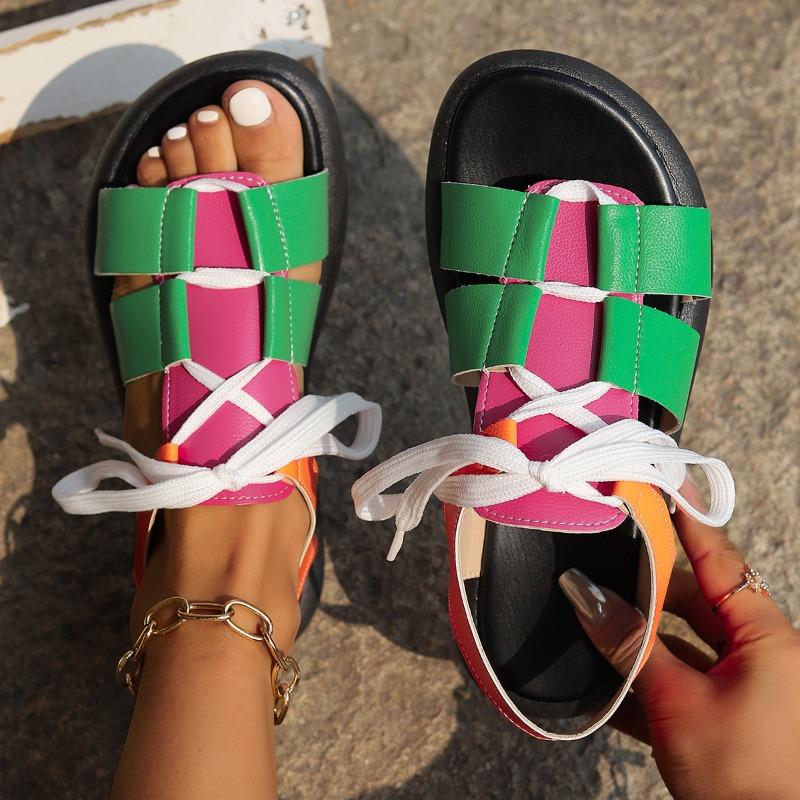 Fashion 2025 Summer Open Toe Women's Plus Size Sandals Round Toe Flat with Lace Up Mixed Colors Sandals for Outdoor Casual Comfortable