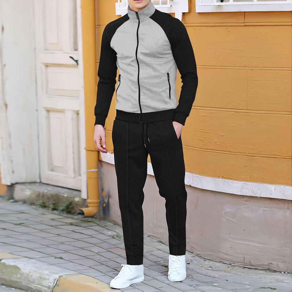 Men's Color Block Waffle Jacket and Sportswear Set - Autumn/Winter Collection