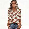Women's Casual Christmas Print V-Neck 3/4 Sleeve Button-Front T-Shirt