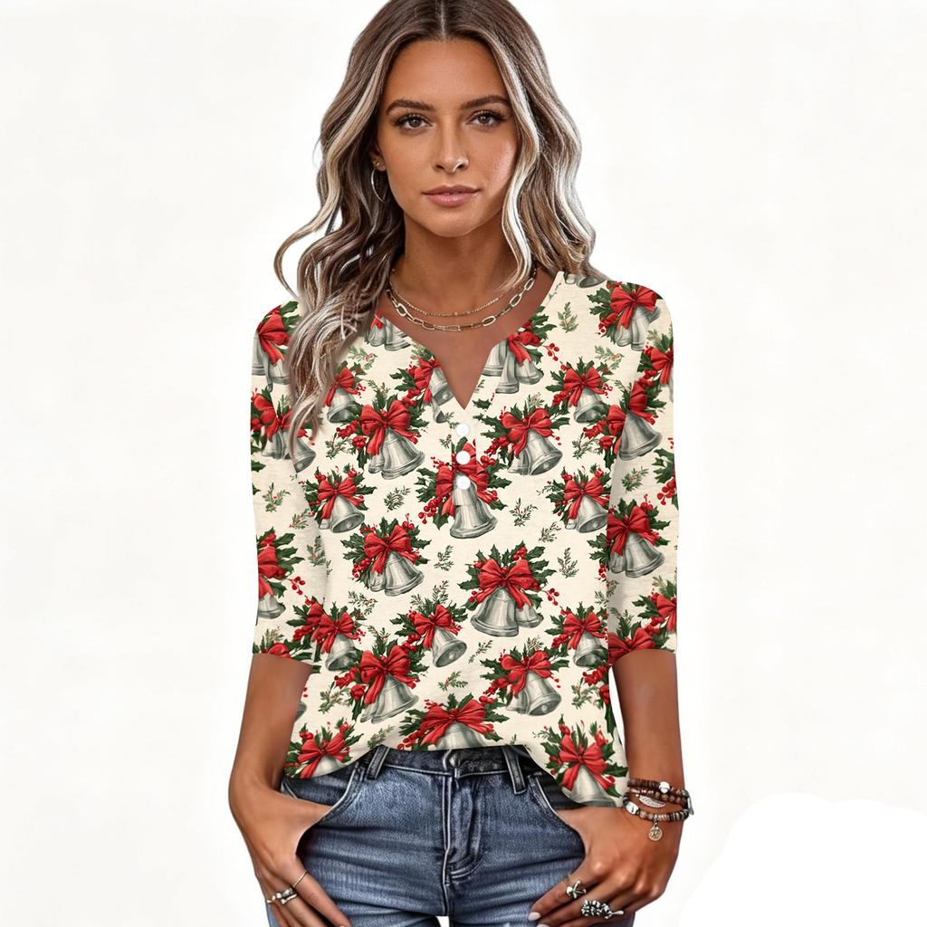 Women's Casual Christmas Print V-Neck 3/4 Sleeve Button-Front T-Shirt