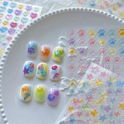 3D Nagelsticker, Fünfzackiger Stern Herz Gelee-farbene Sterne, Herzen, Buchstaben, Katzenpfote Nageldekorationssticker