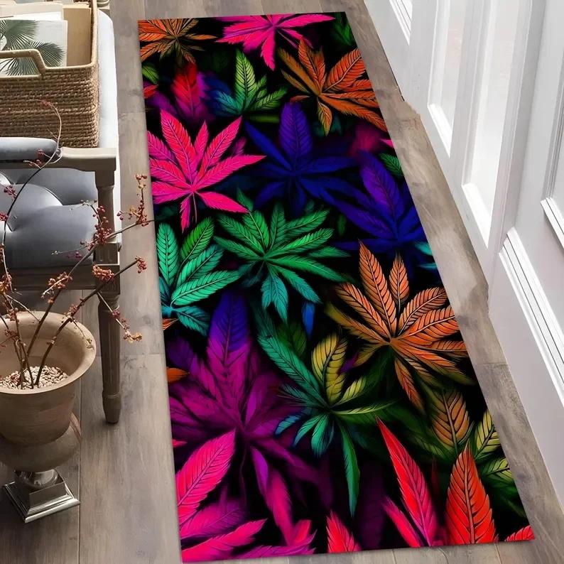 Vibrant Leaf Pattern Runner Rug Colorful Plant Print Carpet for Living Room Corridor Eye Catching Home Decor Non Slip Easy Clean