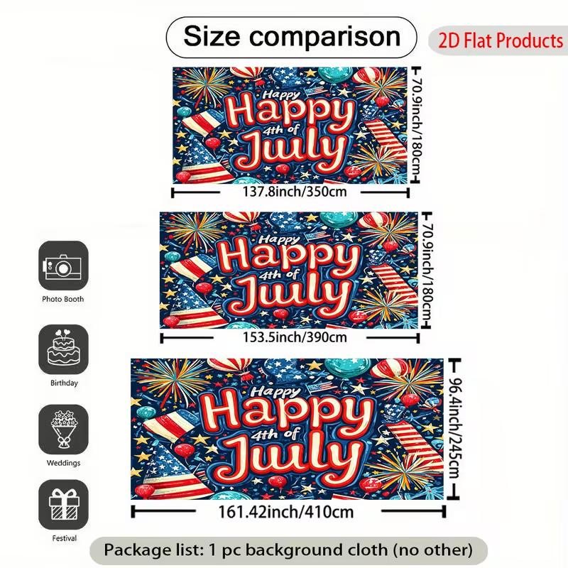 Festive Independence Day Tapestry, Bold "Happy 4th of July" Text with Fireworks, Balloons and Stars, Vibrant Patriotic Wall Art
