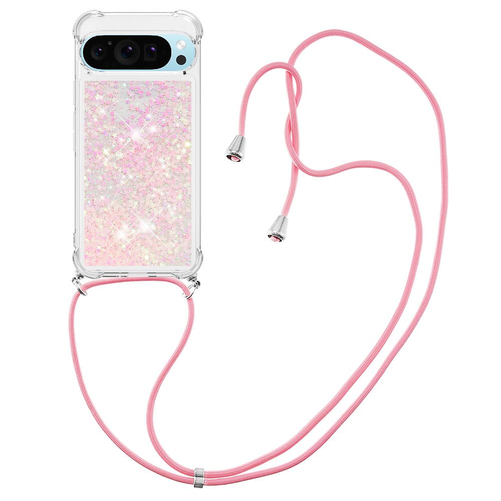 

For Google Pixel 9/Pixel 9 Pro TPU Case Quicksand Design Phone Cover with Lanyard Pink/Pentagram
