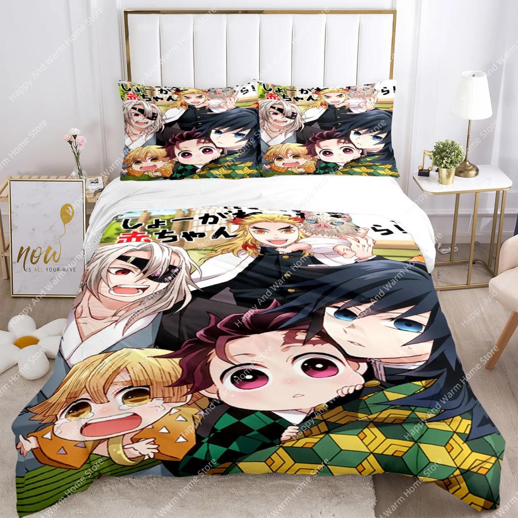 Anime Demon Slayer Print Bedding Set 2/3pieces Nezuko Bed Linen Queen Double Single King Size Duvet Cover Set Boys Adults Gift