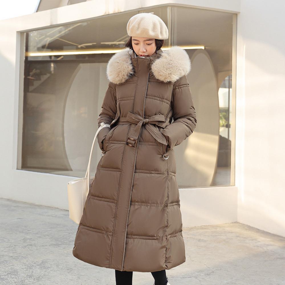 Winter new down cotton clothes women's long over-knee big fur collar Korean version slim and thin belt coat cotton