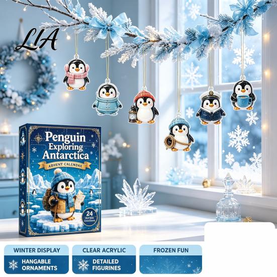24 Day Countdown Box Antarctic Penguin Advent Calendar, 24-Day Winter with Cute Christmas Gift for Children Explorer Ornaments, 2D Acrylic