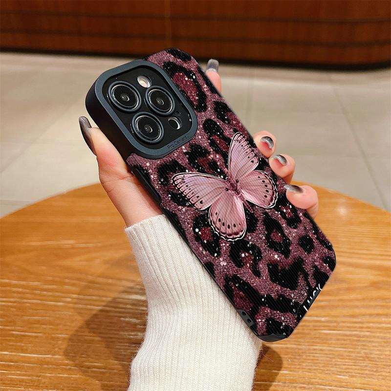 Vertical Grain Leather Shell Butterfly Printed Patterned Shockproof Soft Silicone Case with Camera Lens Full Protection for iPhone