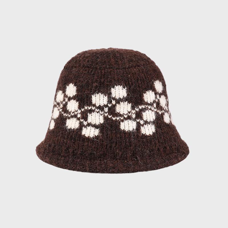 

Вязаная панама жаккардовым узором в горошек, осенне-зимняя шляпа-ведро, женская шляпа рыбака кофейный