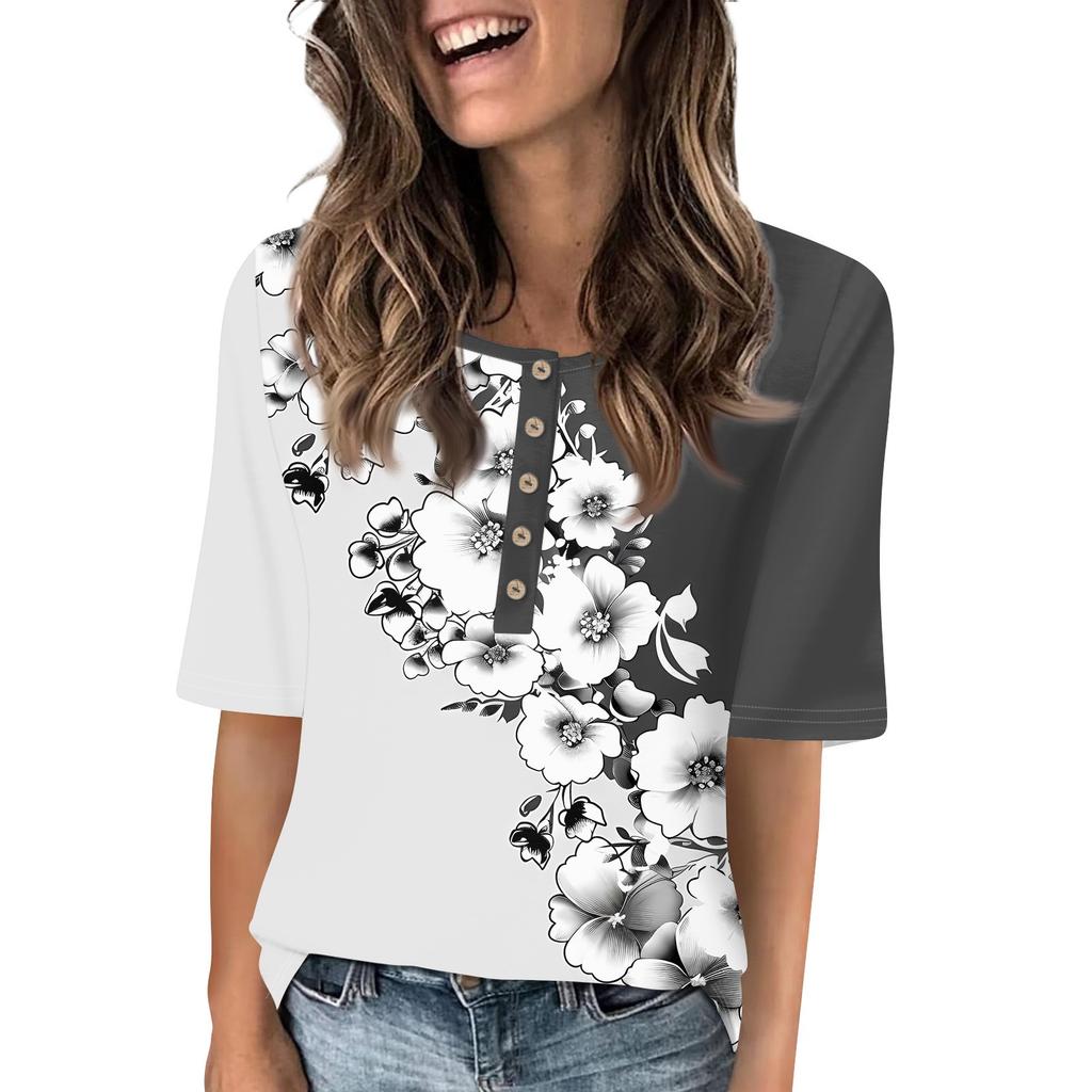 Shirts For Women Trendy Round Neck Button T Shirts Printed  Blouse Half Sleeve Tops For Women